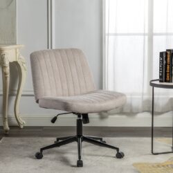 Cross Legged Office Chair, Wide Comfty Desk Chair, Vanity Home Chair, Armless Computer Task Chair With Wheels, Swivel And Height Adjustable - Beige