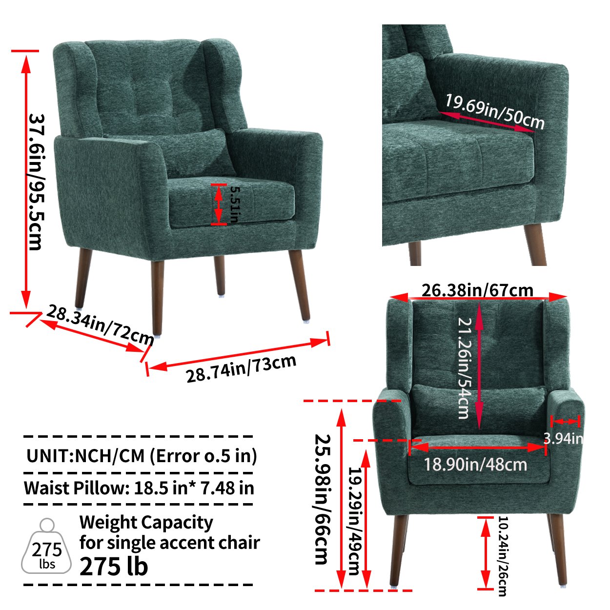 Modern Accent Chair, Chenille Arm Chairs For Living Room, Upholstered Mordern Armchair, Comfy Soft Padded Lounge Chair In Small Space, Bedroom, With Pillow, Solid Wood Leg - Blackish Green - Image 7