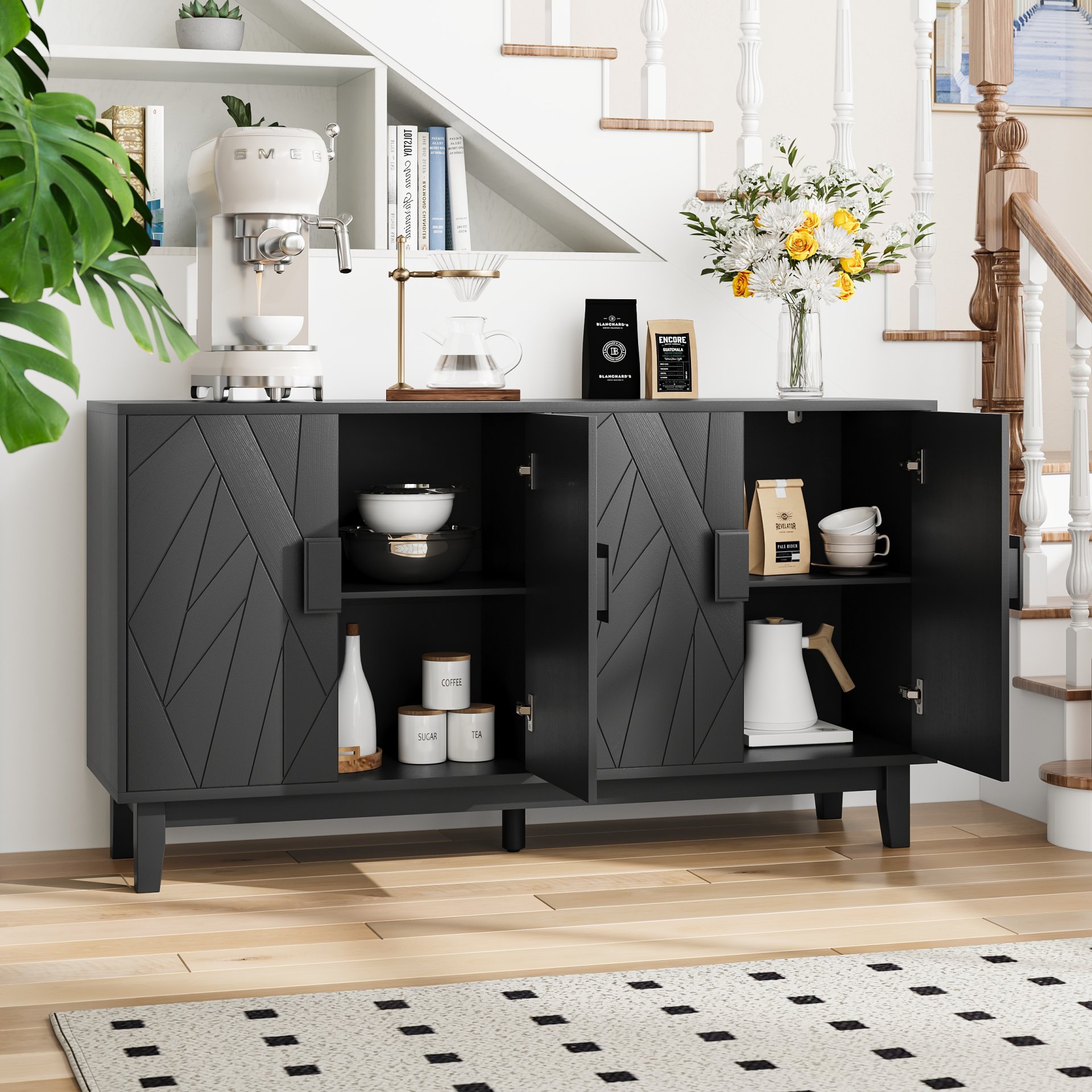 Modern Style Buffet Cabinet, Storage Side Cabinet Buffet Cabinet, Medieval Modern Multifunctional Decorative Cabinet Suitable For Living Room, Dining Room, Entrance, Corridor, Kitchen - Black - Image 5
