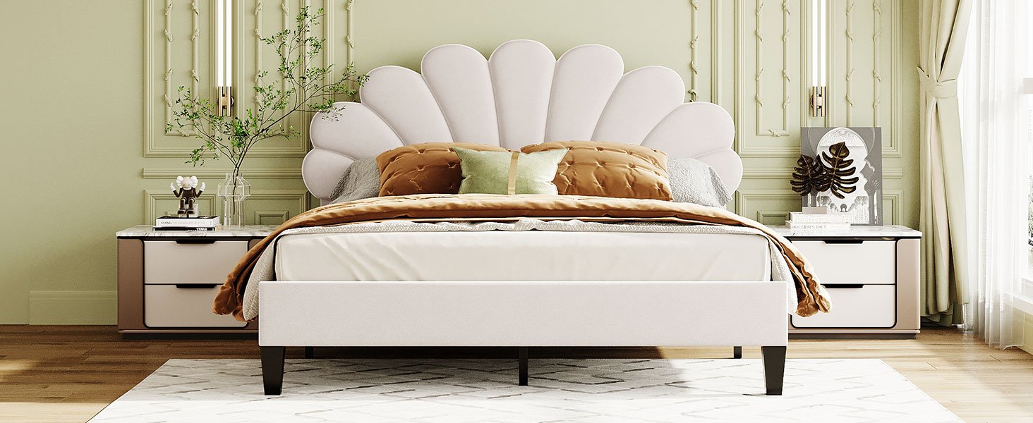 Queen Size Upholstered Platform Bed With Flower Pattern Headboard - Beige - Image 15