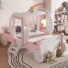 Twin Size Princess Carriage Bed With Crown, Platform Car Bed With Stair - White / Pink - Image 2