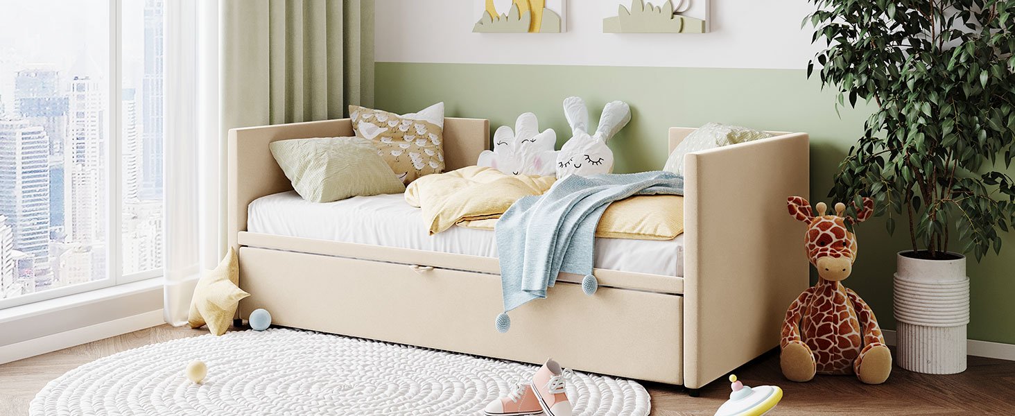 Twin Size Upholstered Daybed With Pop Up Trundle - Beige - Image 13