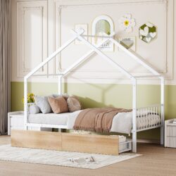 Twin Size Playhouse Design Bed With 2 Drawers - White