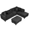 Modern Sectional Sofa With Storage Ottoman, L - Shape Couch With 2 Pillows And Cup Holders - Black - Image 19
