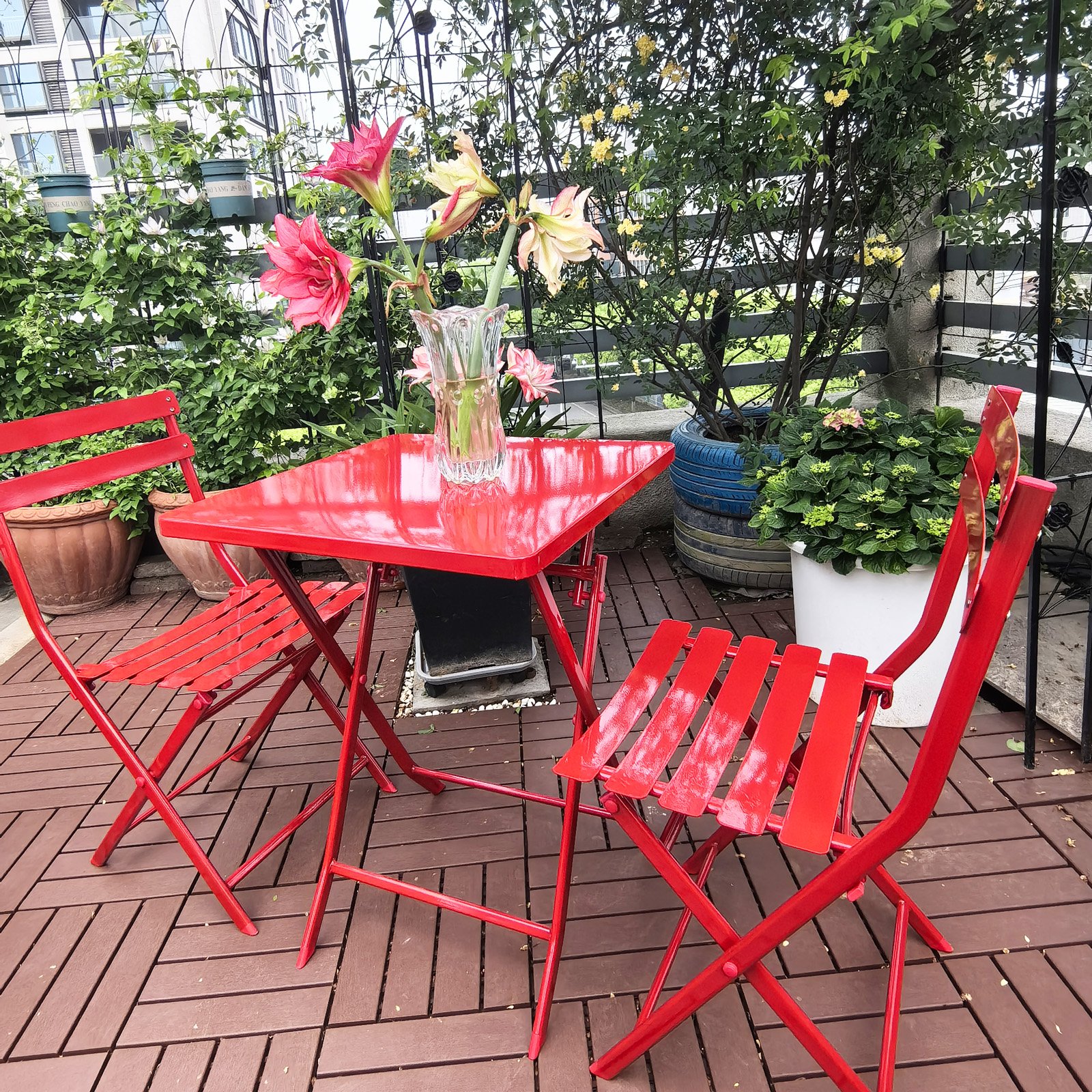 3 Piece Patio Bistro Set Of Foldable Square Table And Chairs - Red - Image 9
