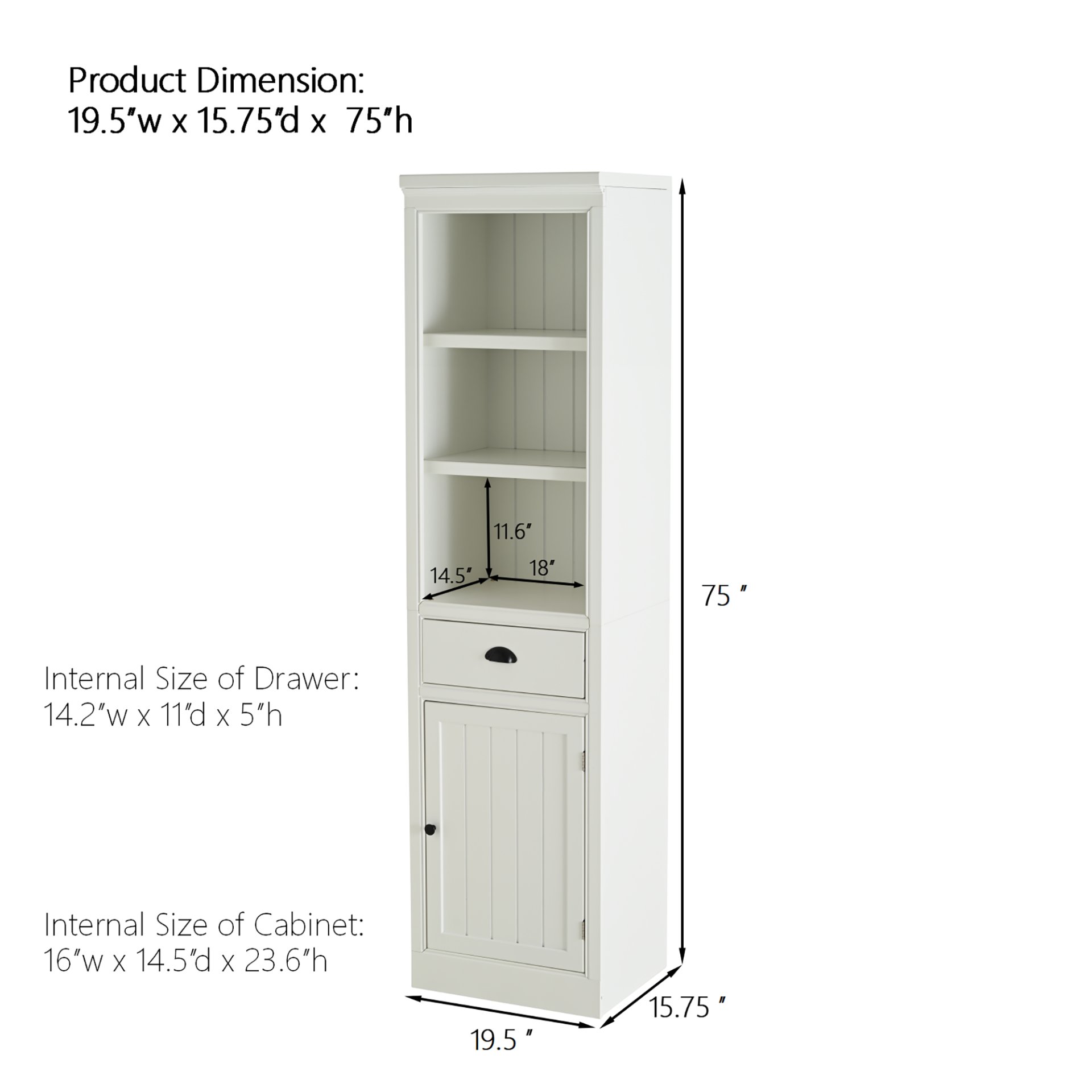 Retro Style 75'' Tall Display Shelf With Cabinet For Hallways Living Room Kitchen - White - Image 3