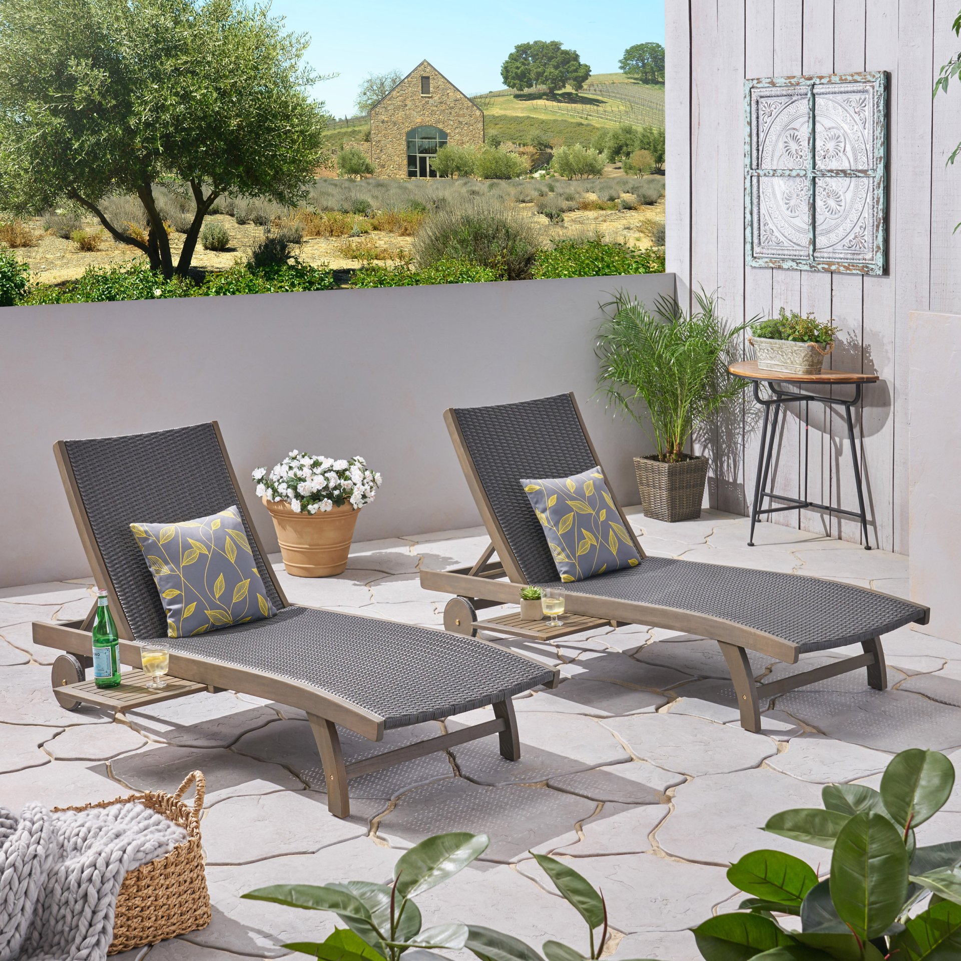 Outdoor Chaise Lounge With Pull Out Tray And Wicker Seat - Gray - Image 9