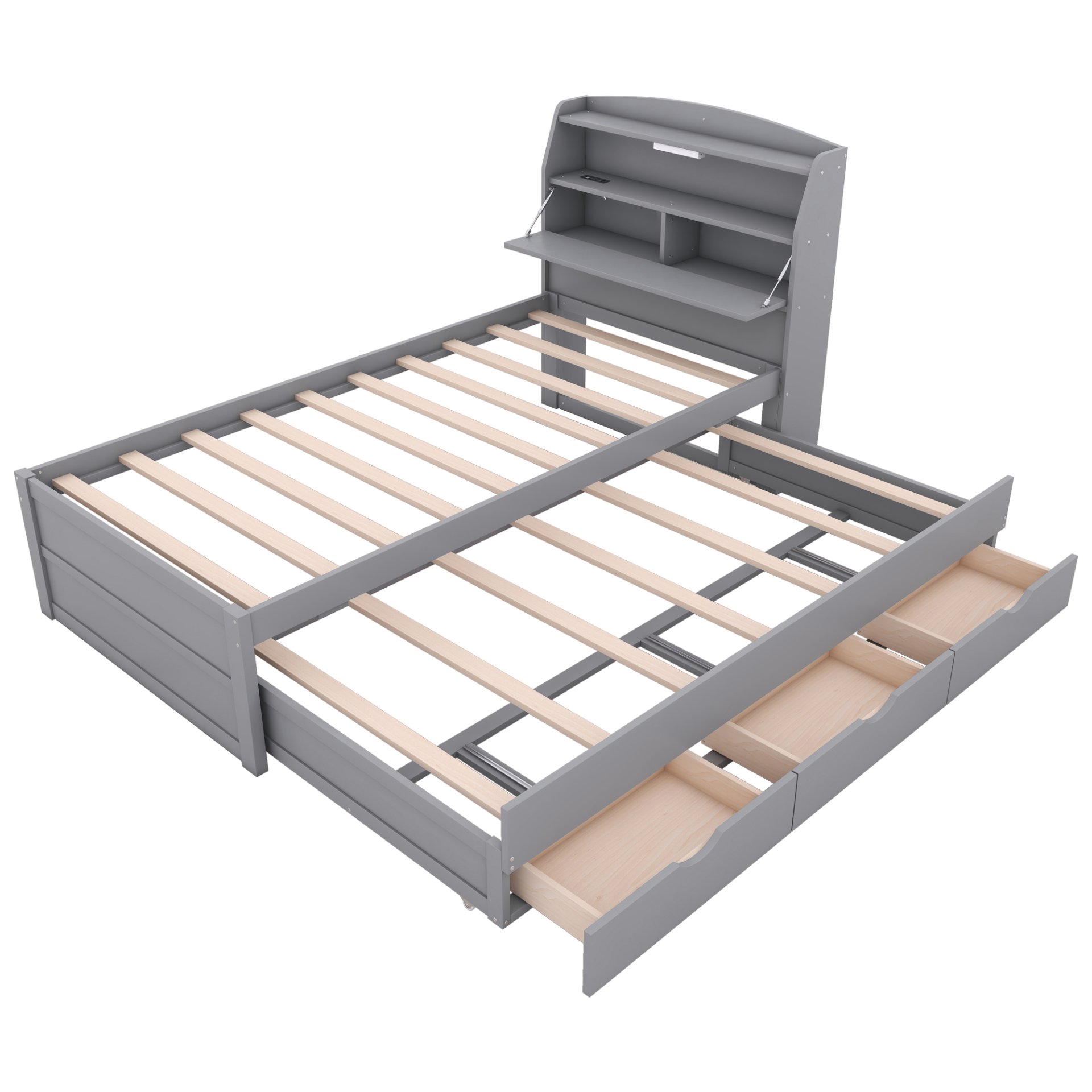 Twin Size LED Platform Bed With Trundle With Storage Headboard With Drawers - Gray - Image 5