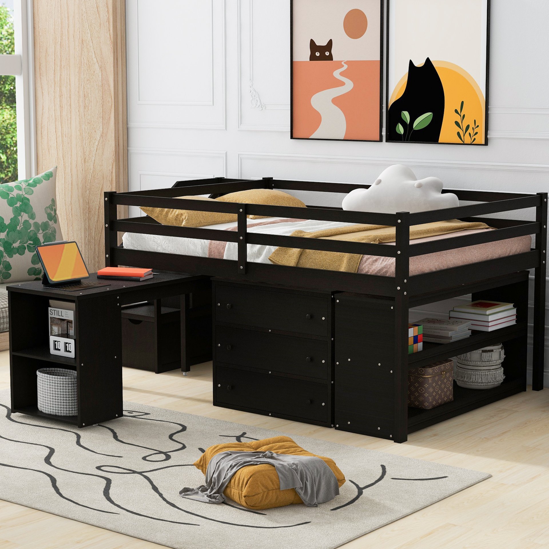 Full Size Loft Bed With Retractable Writing Desk And 3 Drawers With Storage Stairs And Shelves - Espresso - Image 2