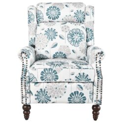 Push Back Recliner Chair Upholstered With Classic Wing Back And Solid Gourd-Shaped Legs For Living Room - White / Blue