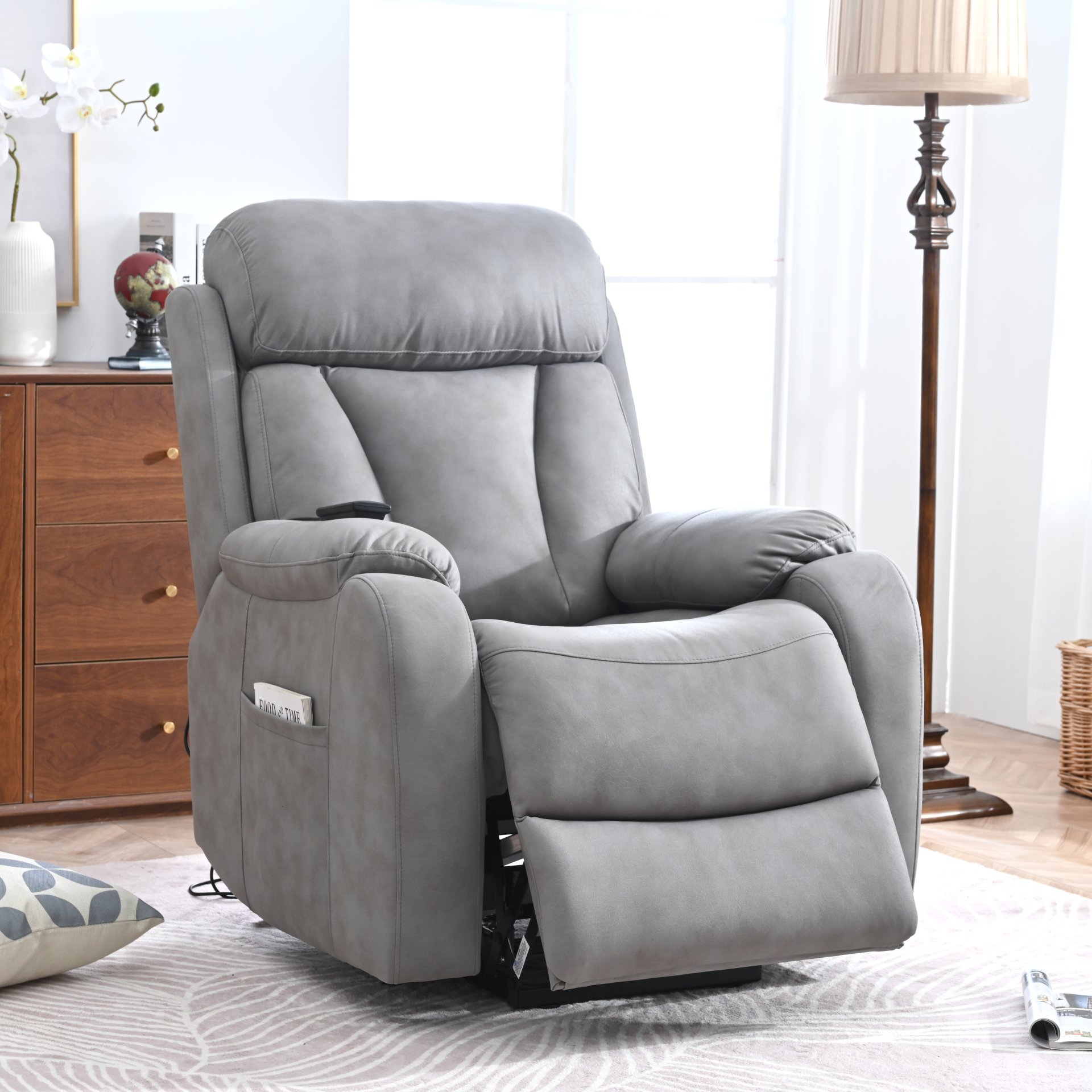 35.4" Electric Power Lift Recliner Chair, Fabric Recliner Chair, Home Theater Seating, Living Room Chair, Side Pocket, Remote Control - Light Gray - Image 2