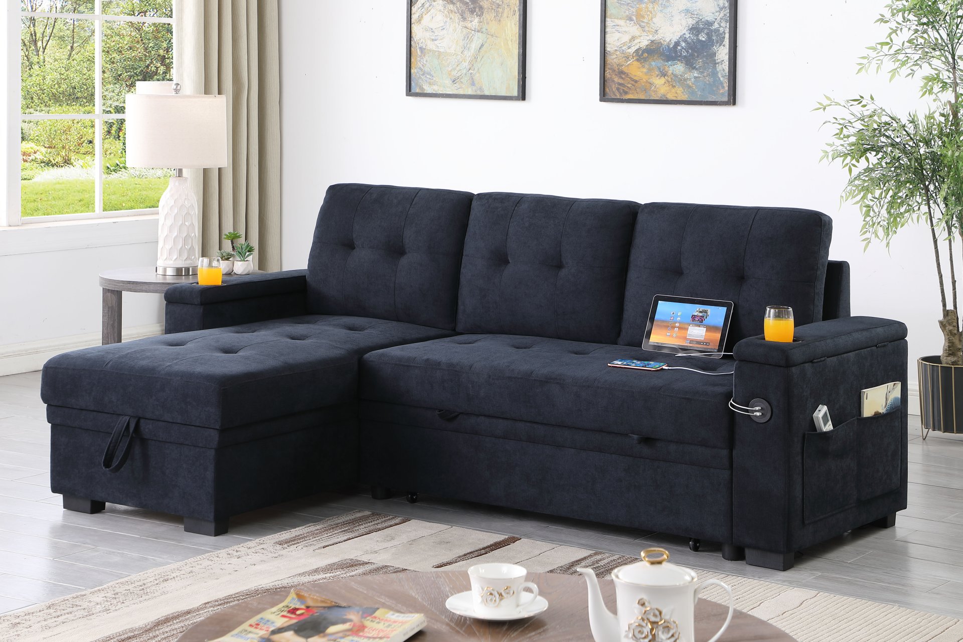 Ashlyn II - Woven Fabric Reversible Sleeper Sectional Sofa With Storage Chaise, Storage Arm, Cup Holder, Charging Ports, Side Pockets, and Pocket Coil Seating - Dark Gray - Image 5