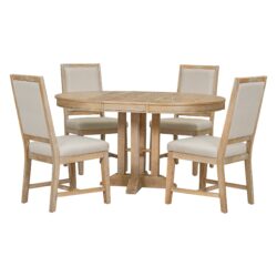 Farmhouse 5 Piece Dining Set With Extendable Round Table And Upholstered Chairs - Natural Wood Wash