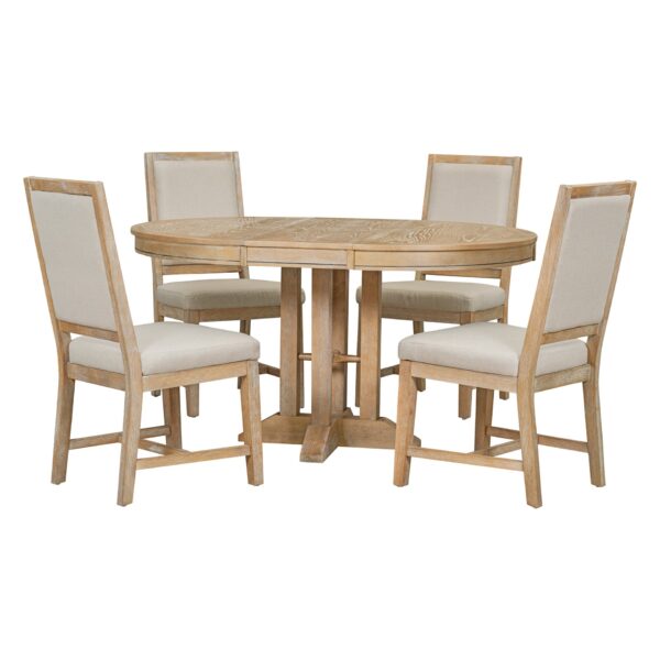 Farmhouse 5 Piece Dining Set With Extendable Round Table And Upholstered Chairs - Natural Wood Wash