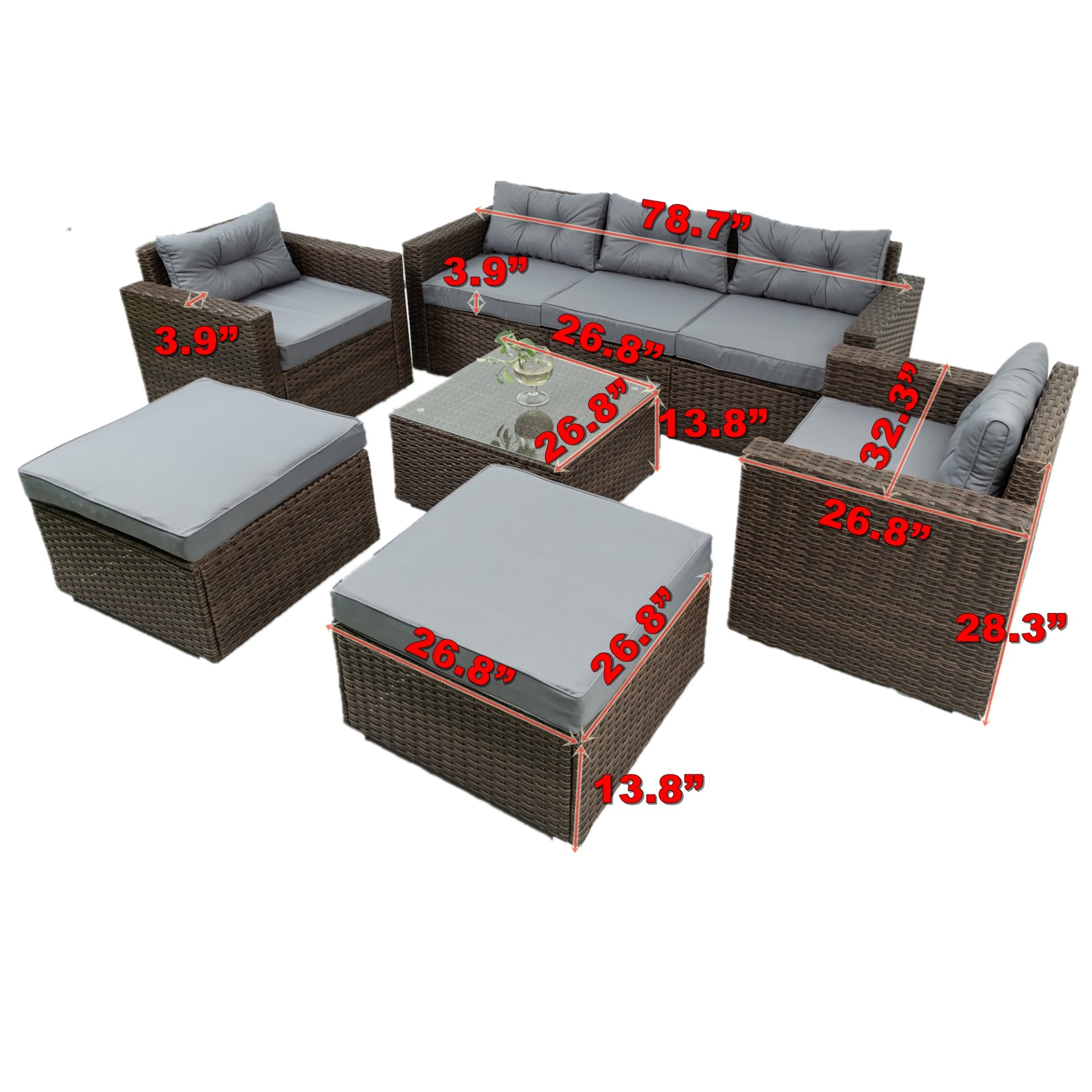 6 Piece Patio Rattan Wicker Outdoor Furniture Conversation Sofa Set With Removeable Cushions And Temper Glass Tabletop - Brown - Image 5