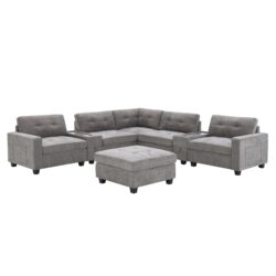Sectional With Acrylic Table Top U Shaped Couch Set With 2 Consoles USB Charger, Storage Drawers And Pockets Movable Ottoman Tufted Sofa - Gray
