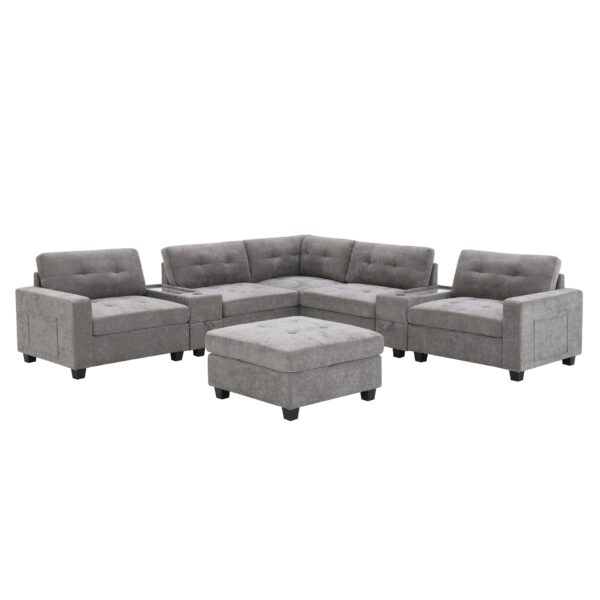 Sectional With Acrylic Table Top U Shaped Couch Set With 2 Consoles USB Charger, Storage Drawers And Pockets Movable Ottoman Tufted Sofa - Gray