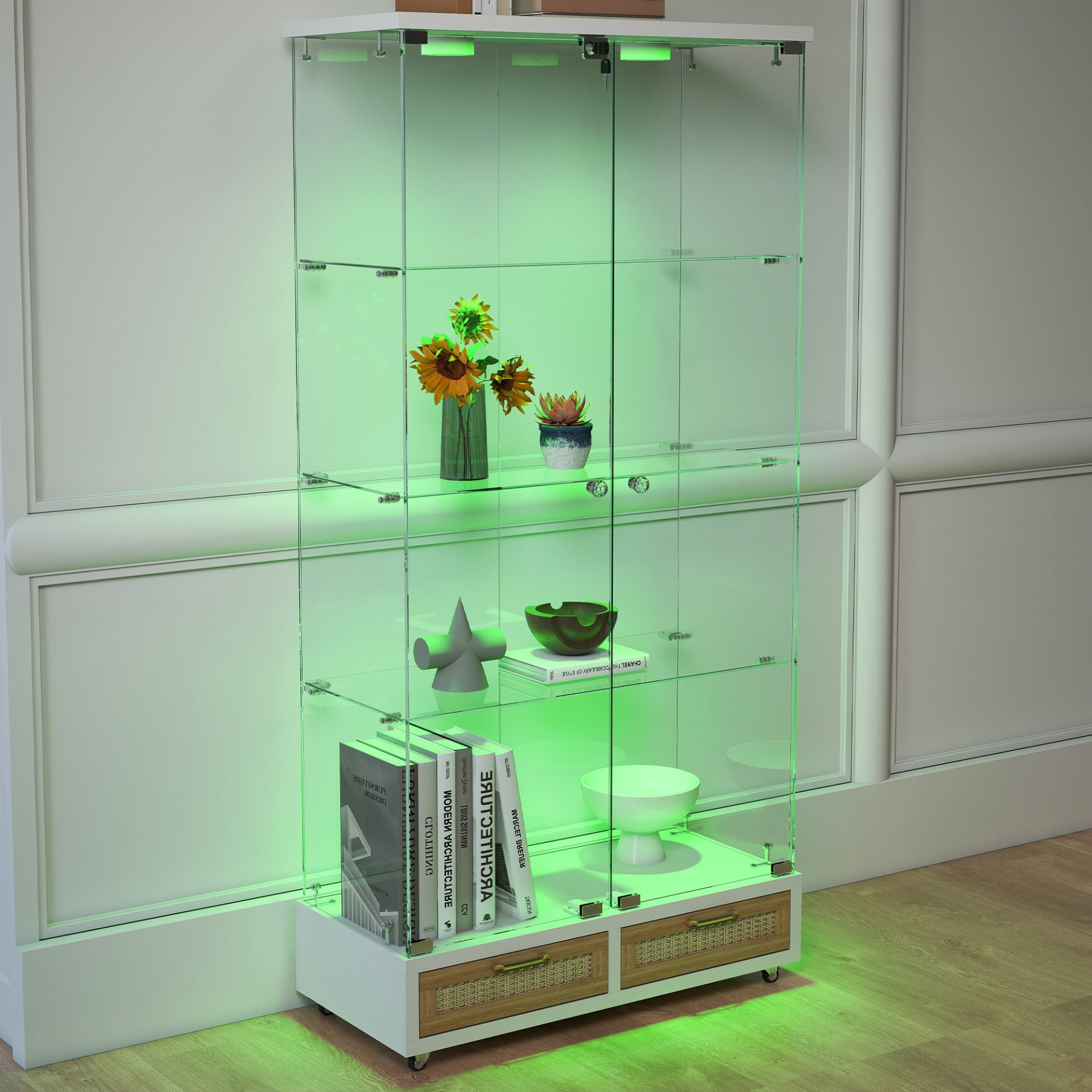 Glass Display Cabinet With LED Lights, Tempered Glass Doors, Large Drawers, 2 Door Storage Case With 4 Shelves - Natural / White - Image 9