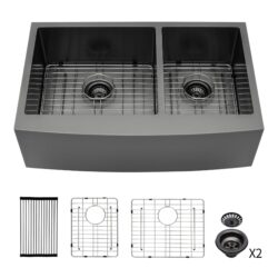 Double Bowl Farmhouse Sink, Stainless Steel Apron Front 16 Gauge - Gunmetal Black