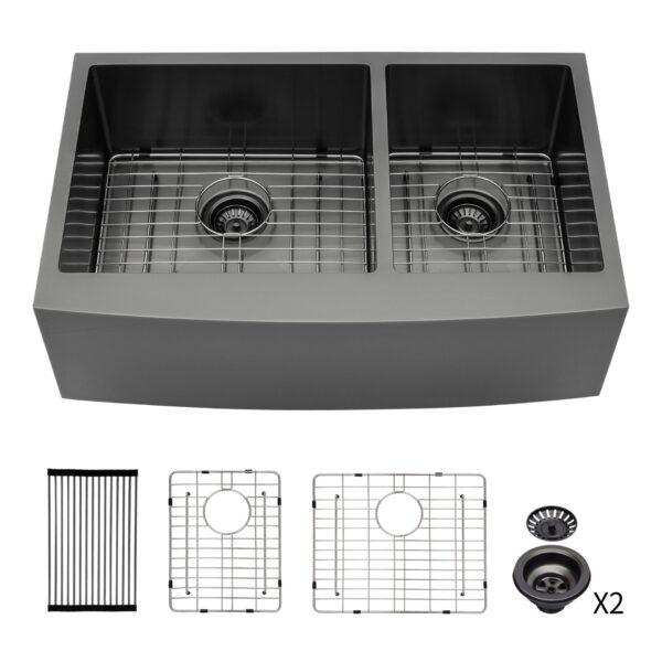 Double Bowl Farmhouse Sink, Stainless Steel Apron Front 16 Gauge - Gunmetal Black