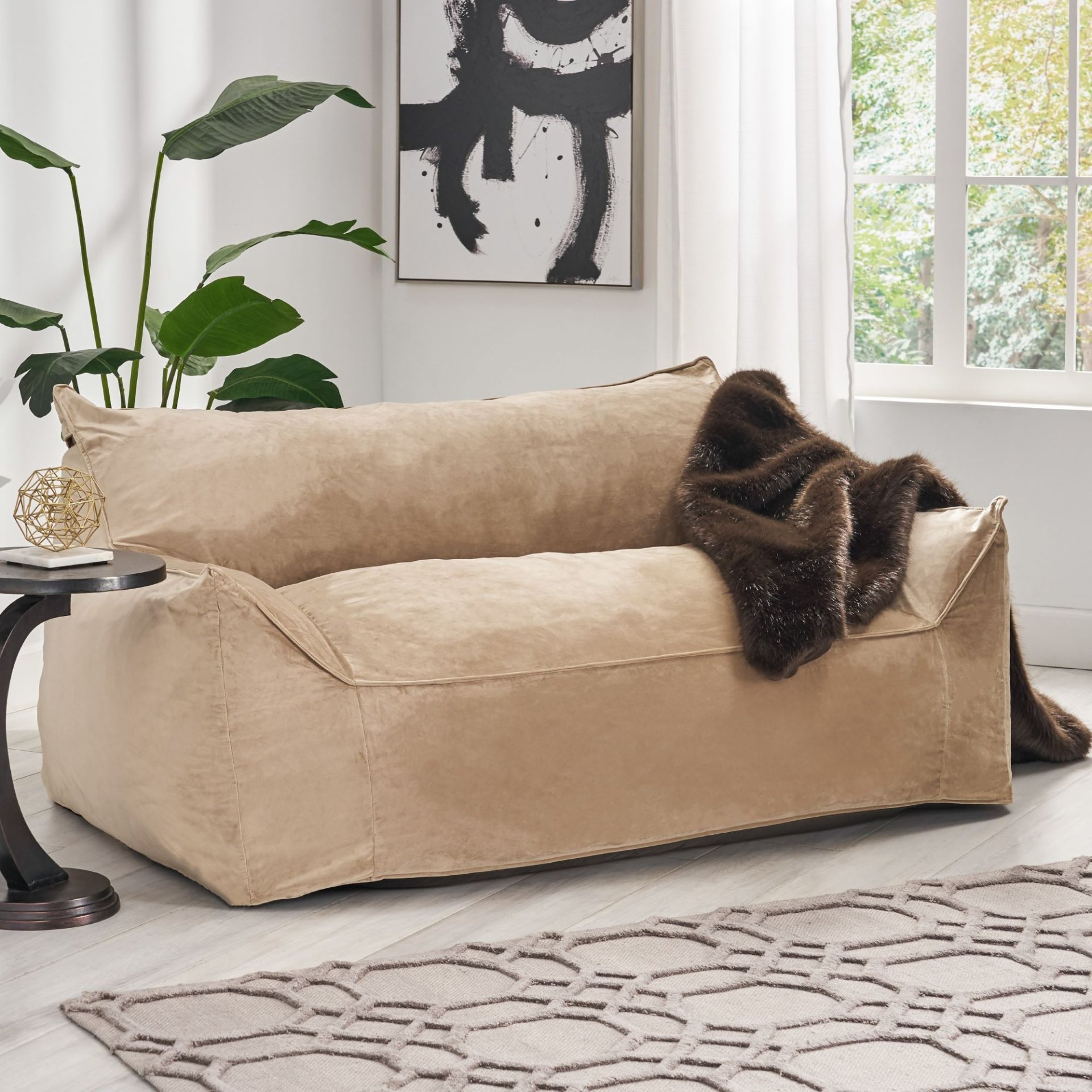 Fila - Velveteen 2 Seater Oversized Bean Bag Chair With Armrests - Taupe - Image 2