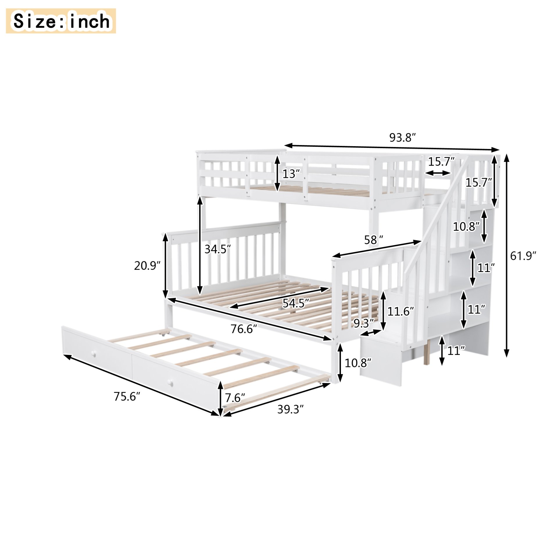 Twin Over Full Bunk Bed With Twin Size Trundle, Storage And Guard Rail For Bedroom - White - Image 12