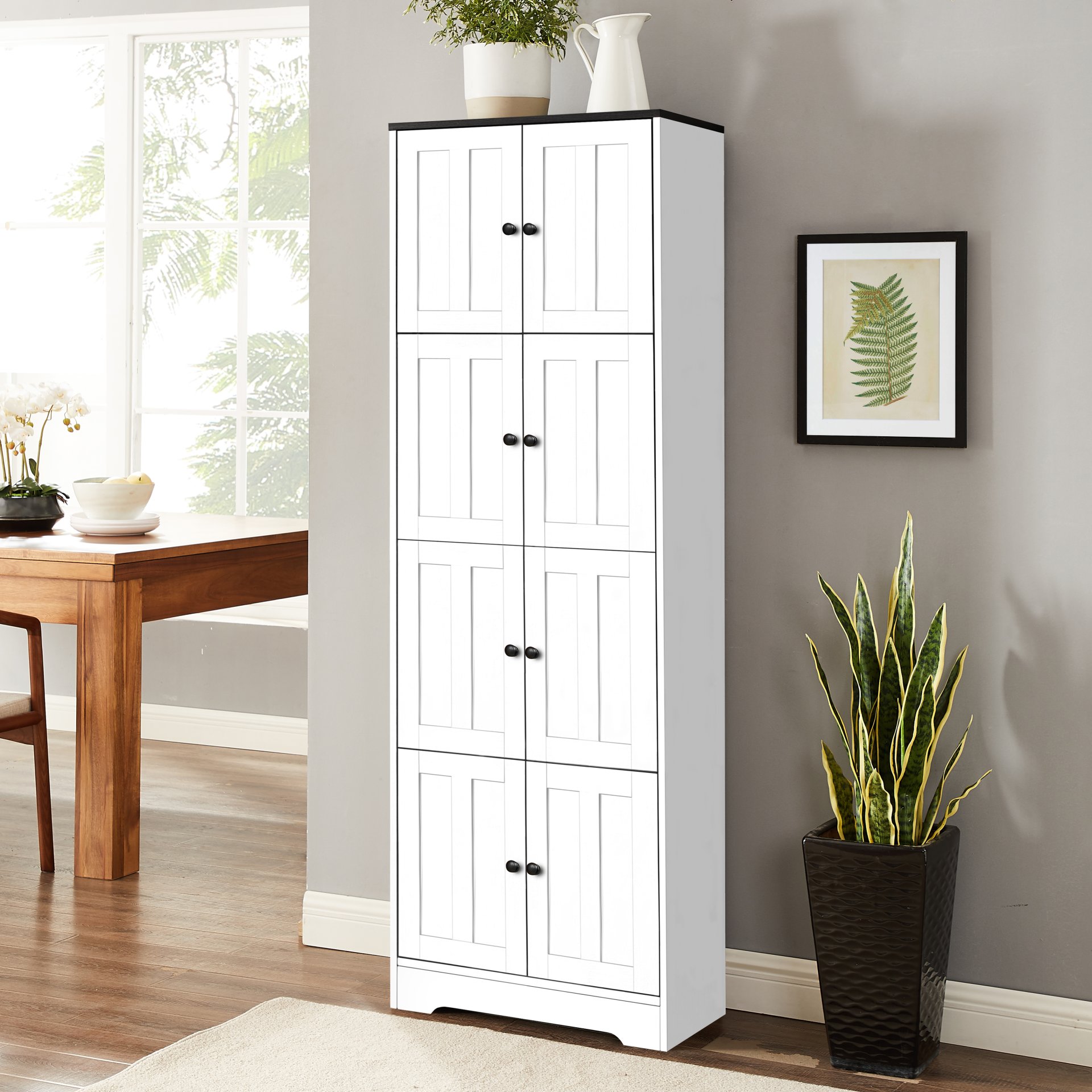 Tall Storage Cabinet With 8 Doors And 4 Shelves, Wall Storage Cabinet For Living Room, Kitchen, Office, Bedroom, Bathroom - White - Image 4