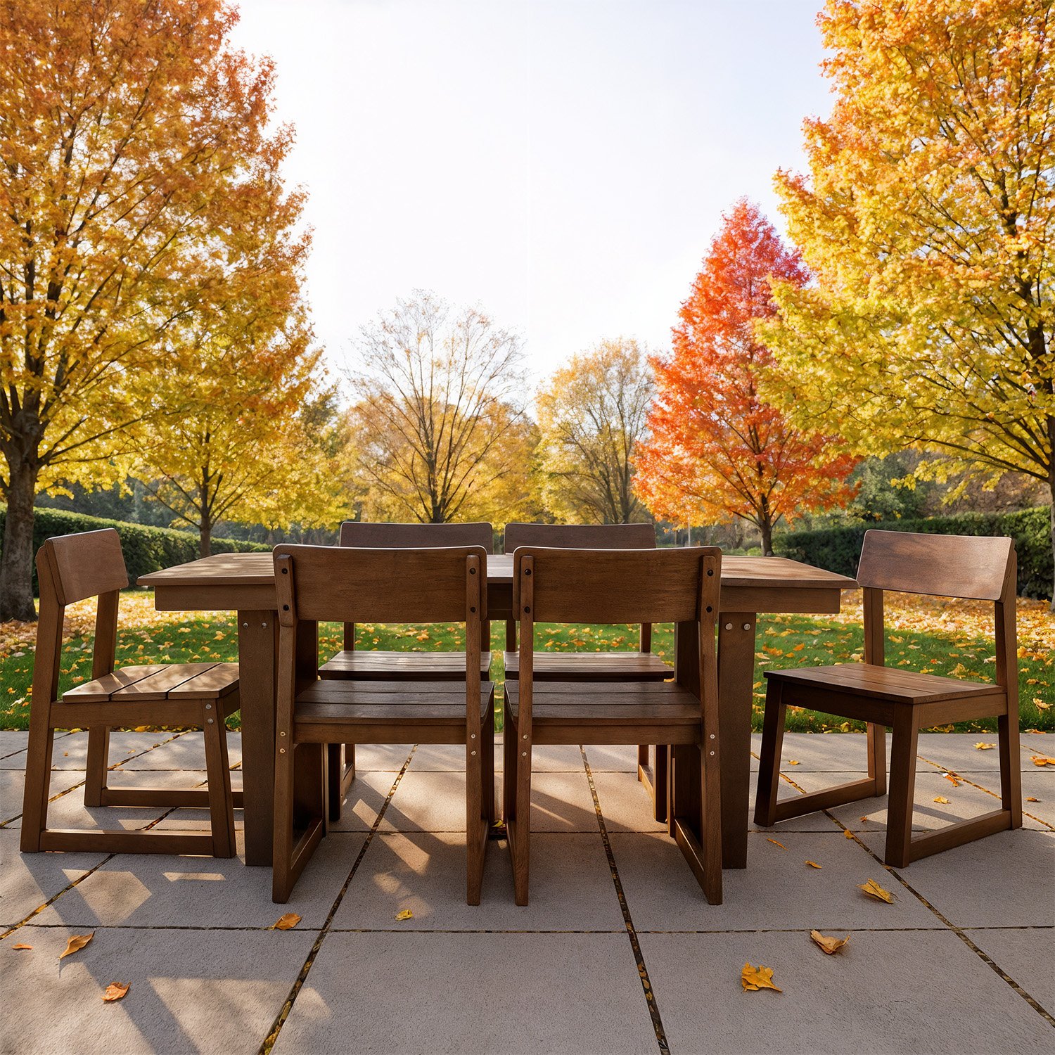 7 Piece Outdoor Dining Set For 6, Table With Umbrella Hole & 6 Armless Chairs For Backyard - Brown - Image 2