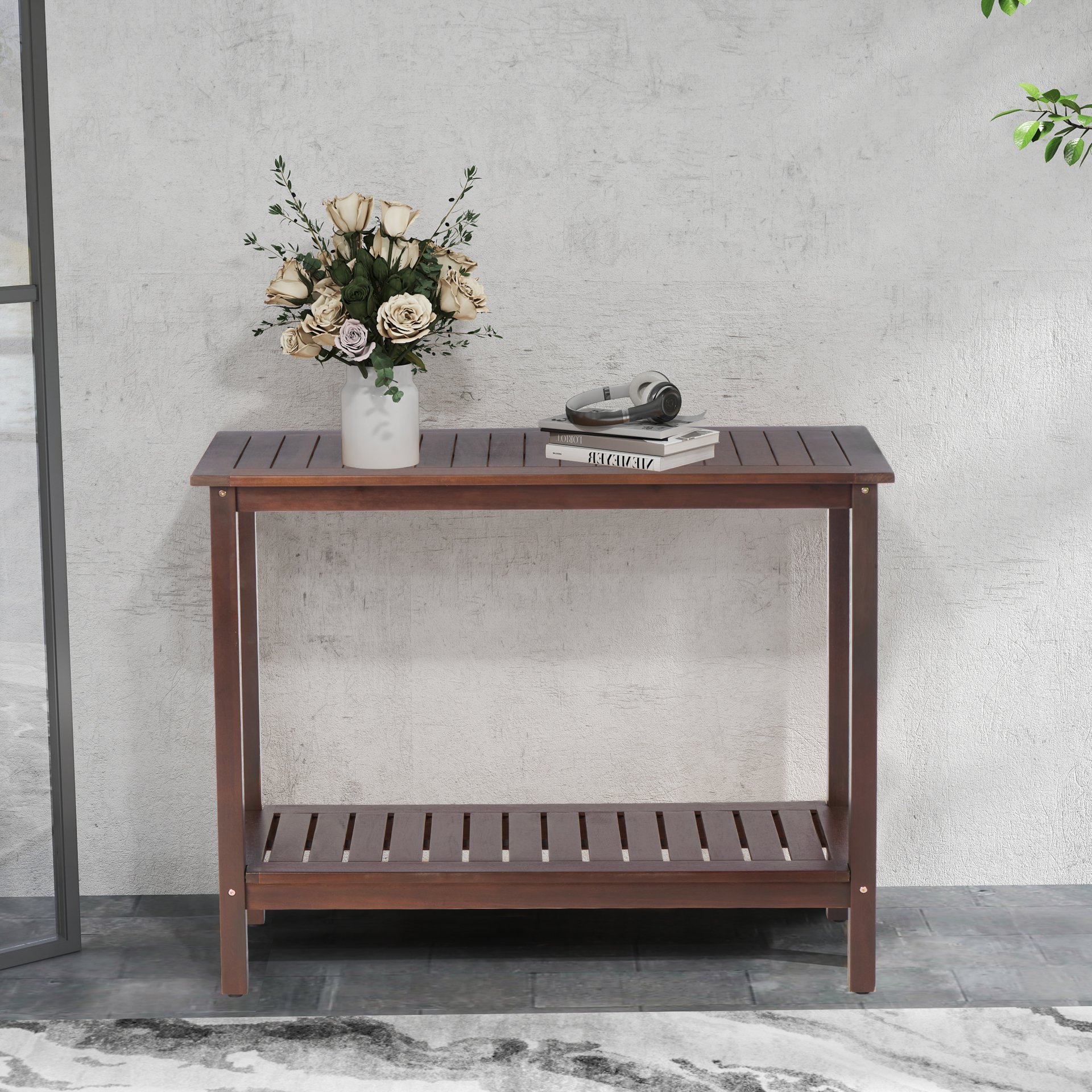 Workstation For Garden Balcony Garage, Acacia Console Potting Table - Brown - Image 4