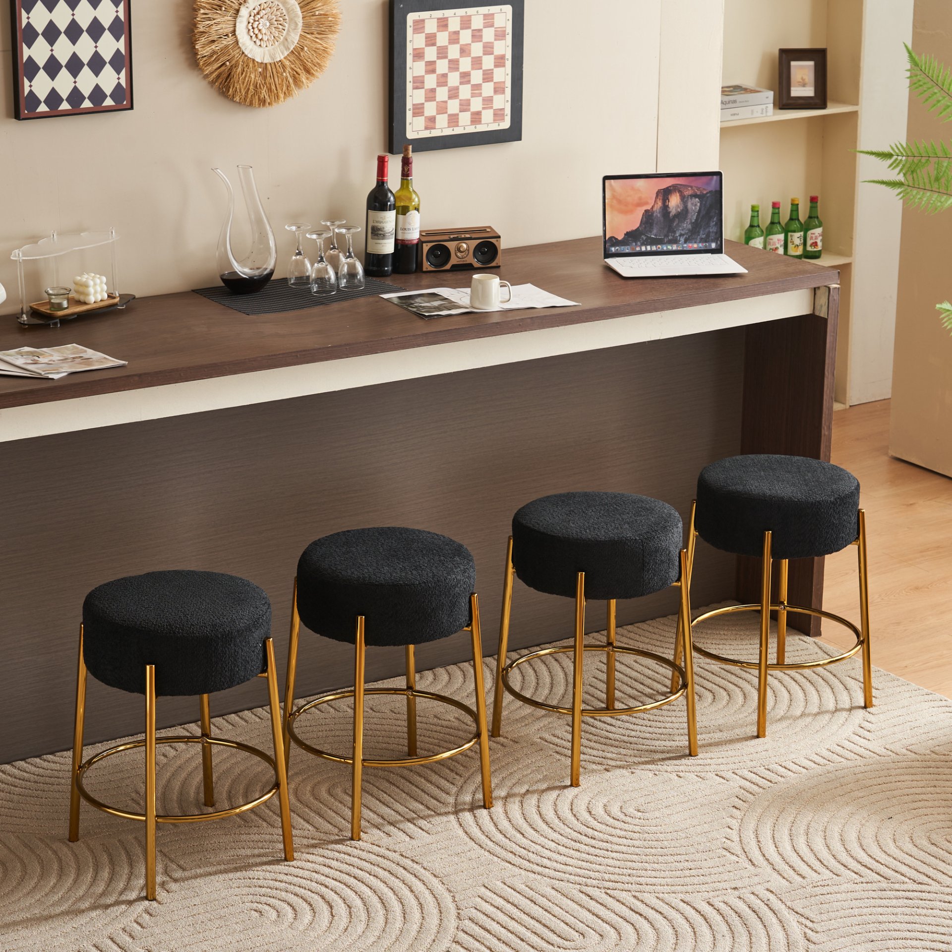 Round Bar Stools (Set of 2), Contemporary Upholstered Dining Stools For Kitchens, Coffee Shops And Bar Stores - Black / Gold - Image 6