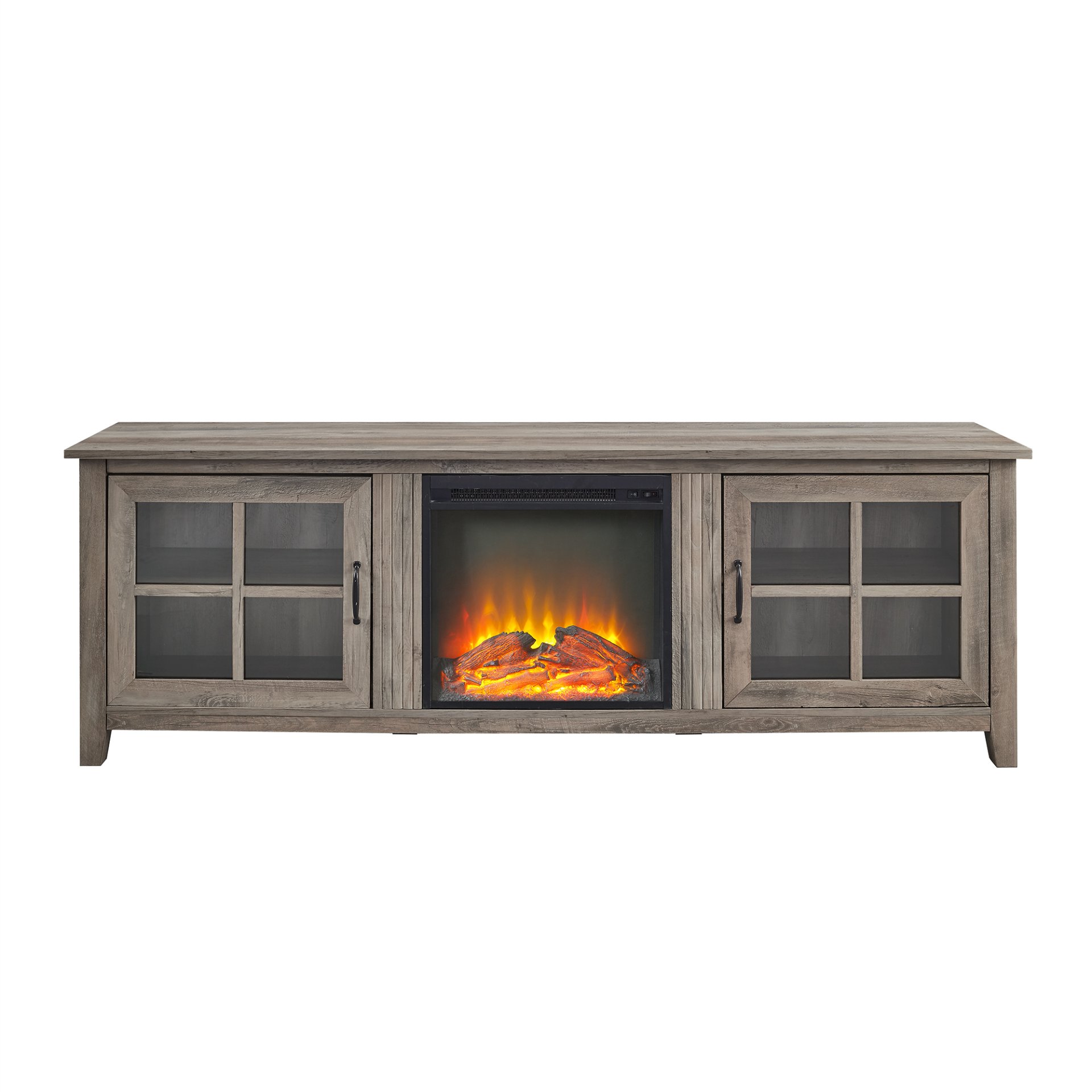 Modern Farmhouse 2 Door Glass Windowpane 70" Fireplace TV Stand For 80" TVs - Gray Wash - Image 6