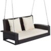 2 Person Wicker Hanging Porch Swing With Chains, Cushion, Pillow, Rattan Swing Bench For Garden, Backyard - Brown / Beige - Image 18