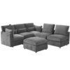 Modern Sectional Sofa Modular Sofa With Movable Ottoman, USB Ports & Phone Holder Chenille - Gray - Image 12