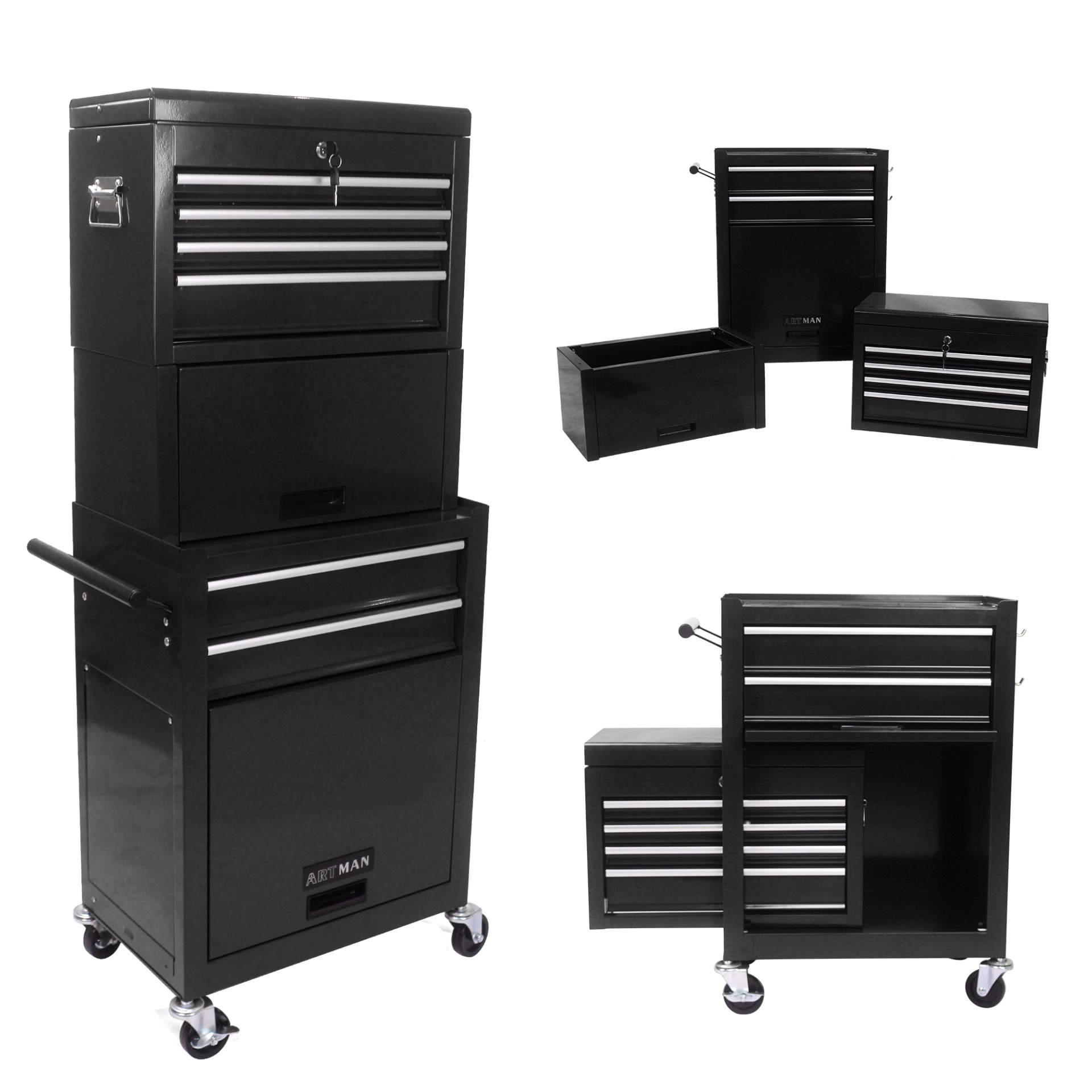 6 Drawer Lockable Tool Cabinet On Wheels Steel Rolling Tool Chest With Detachable Toolbox, 2 In 1 Garage Workshop Storage Organizer With 4 Universal Casters - Black - Image 11