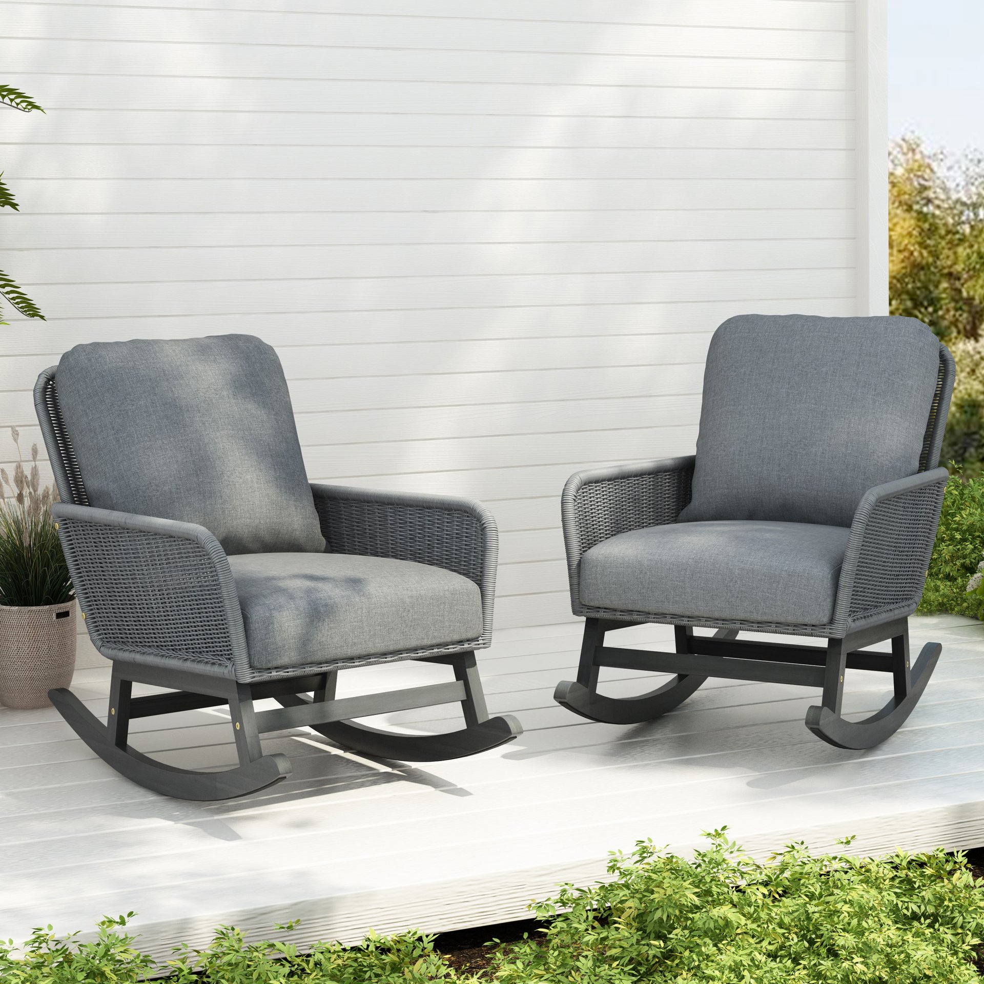 Contemporary Minimalist Wicker Rocking Chair & Soft Polyester Cushions And Durable Wooden Frame (Set of 2) - Gray - Image 2