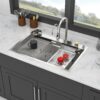 33" Waterfall Kitchen Sink With Pull Out Faucet & Cup Washer, Stainless Steel Ledge Workstation - Antique White - Image 2