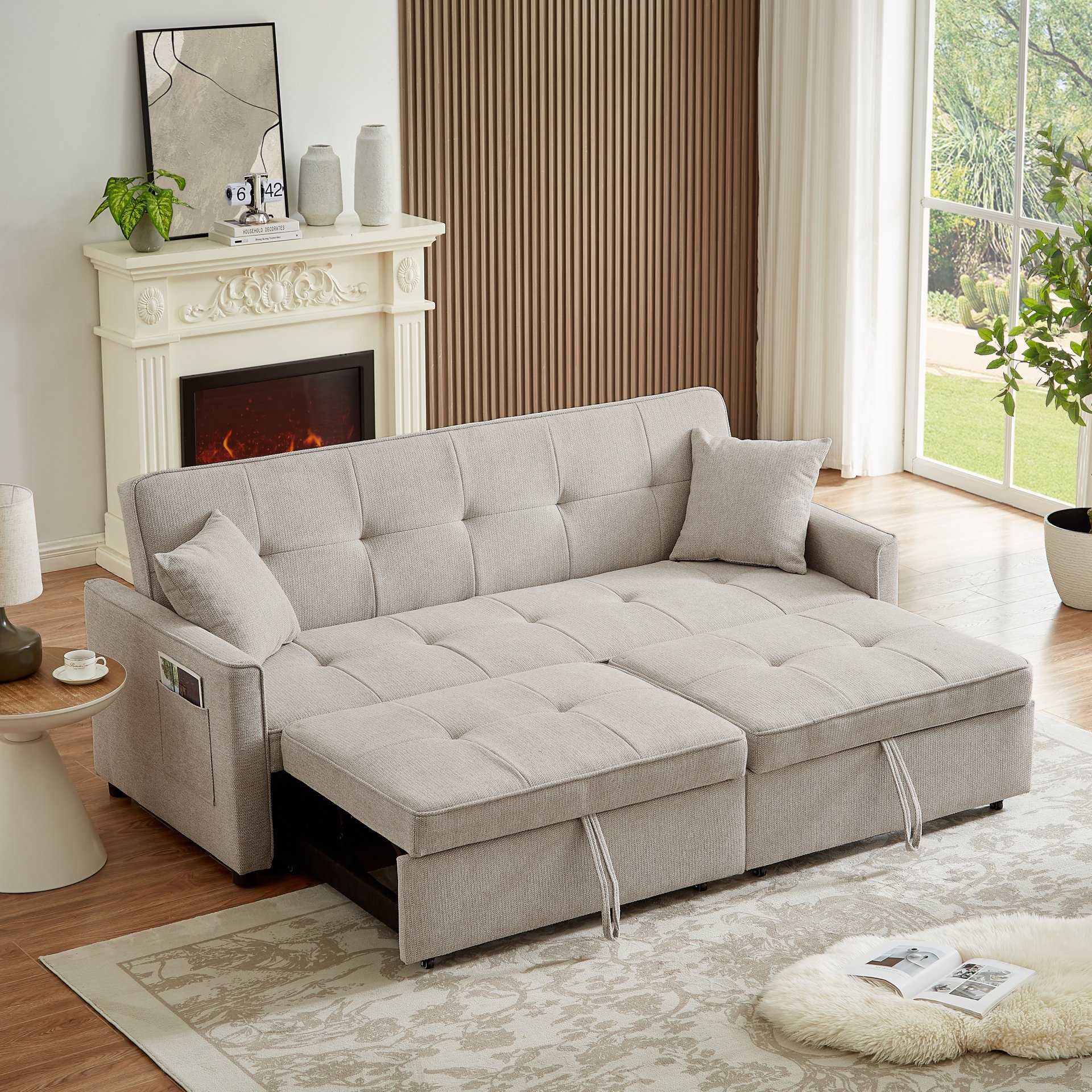 3 In 1 Convertible Sleeper Sofa Bed, Modern Fabric Loveseat Futon Sofa Couch Pullout Bed, Small Love Seat Lounge Sofa Reclining Backrest, Pillows, Pockets, Home Furniture For Living Room - Beige - Image 4