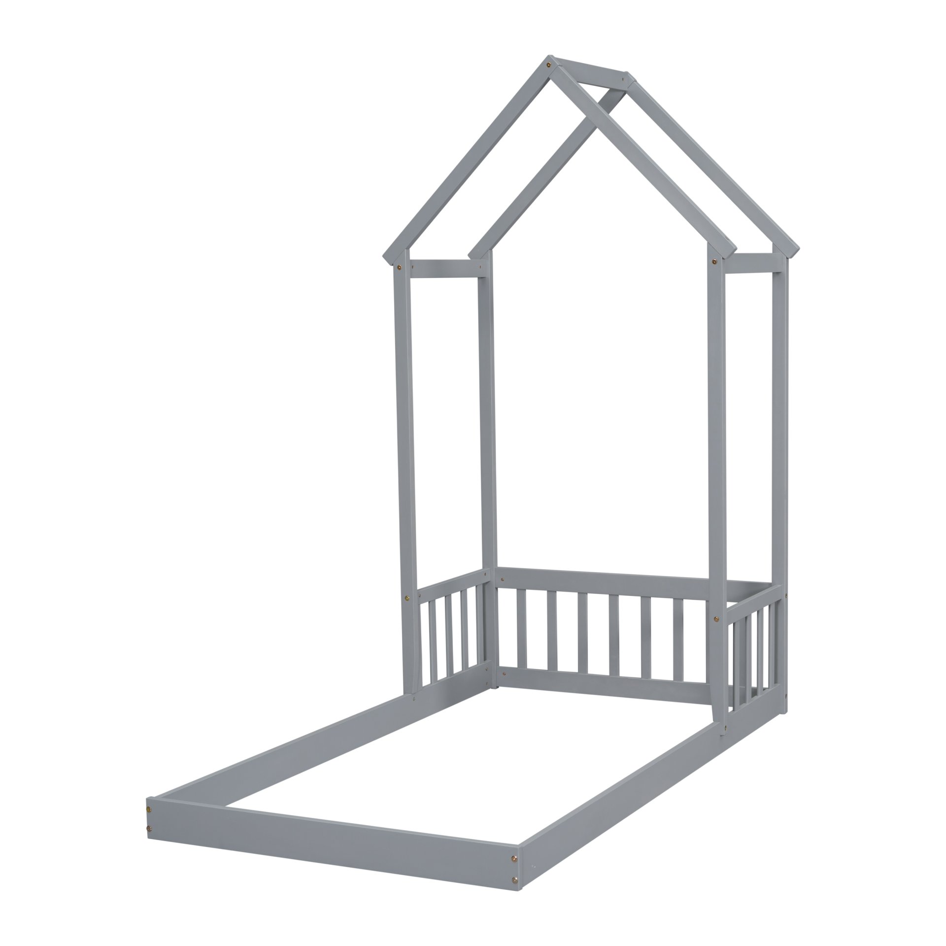 Twin House-Shaped Roof Headboard Floor Bed, (Without Slats) - Gray - Image 15