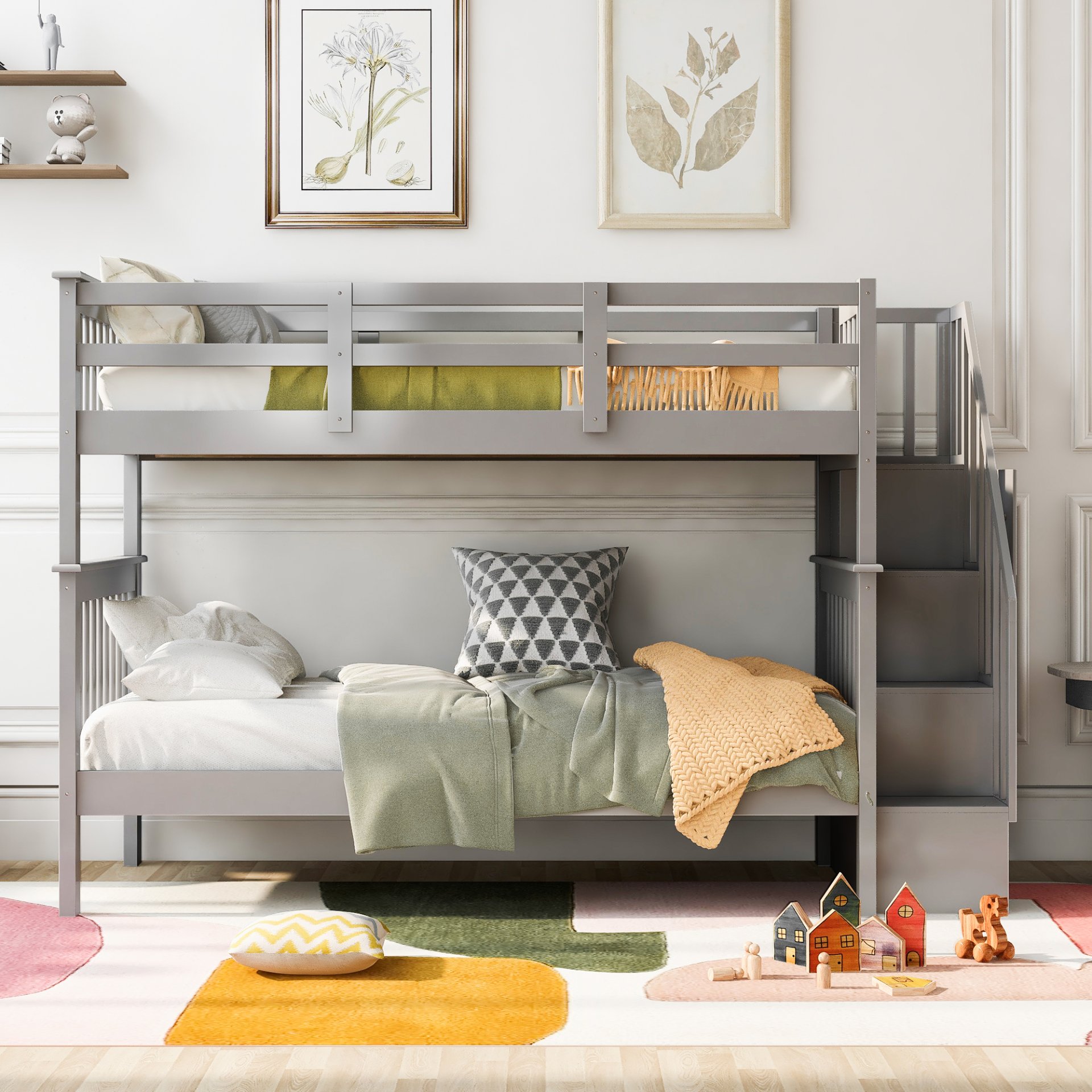 Stairway Twin Over Twin Bunk Bed With Storage And Guard Rail For Bedroom - Gray - Image 4