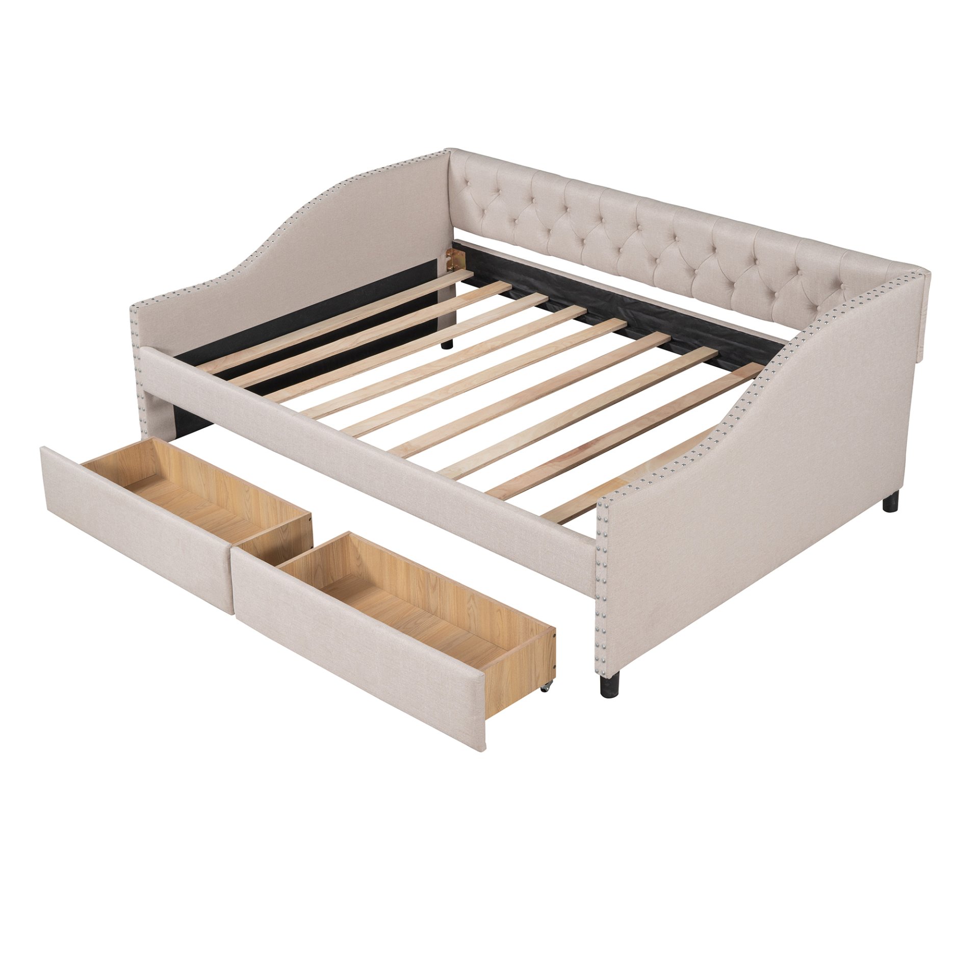 Full Size Upholstered Daybed With Two Drawers, Slat Support - Beige - Image 24