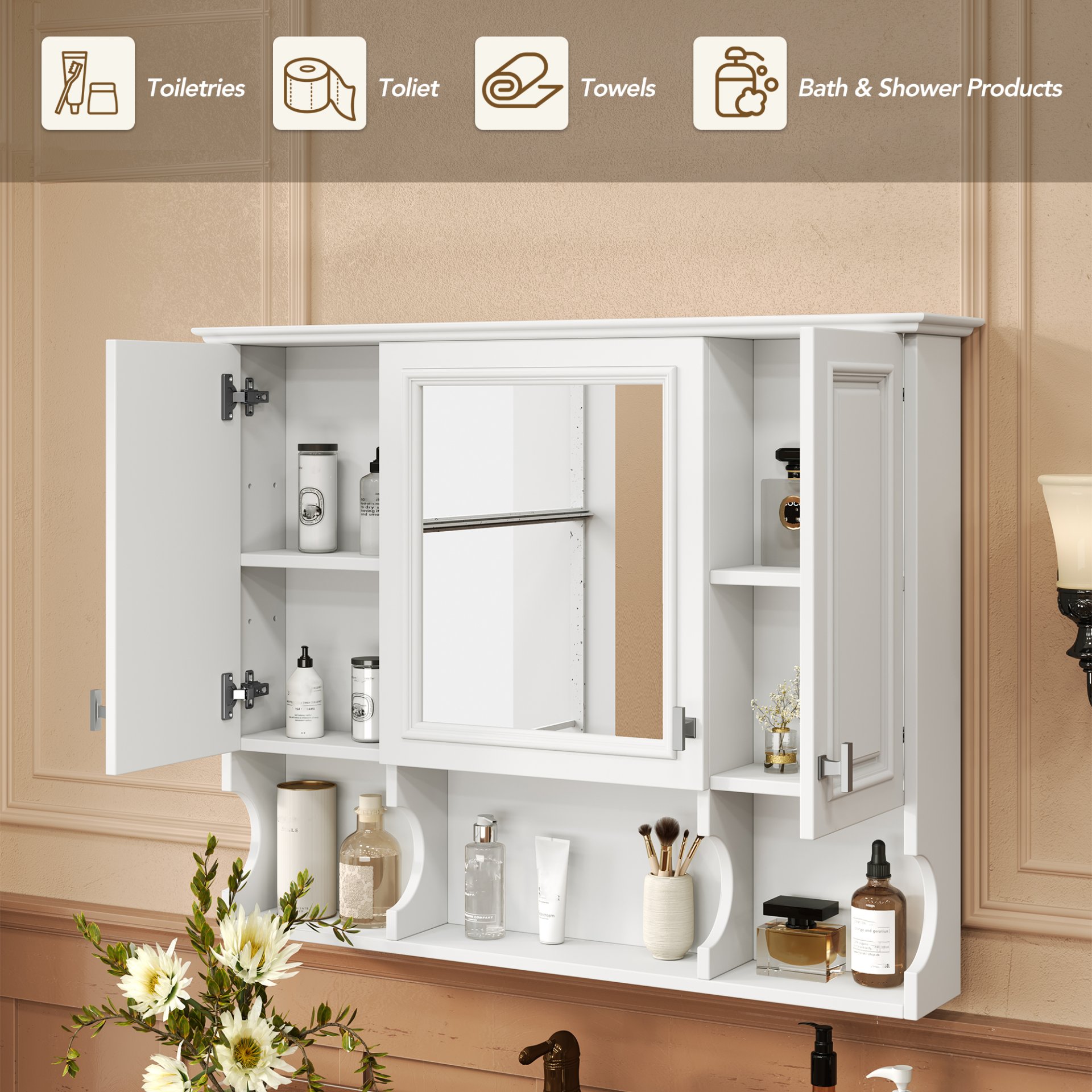 Wall Mounted Bathroom Medicine Cabinet, Modern Bathroom Wall Cabinet With Mirror, Mirror Cabinet With Open Shelves - White - Image 8