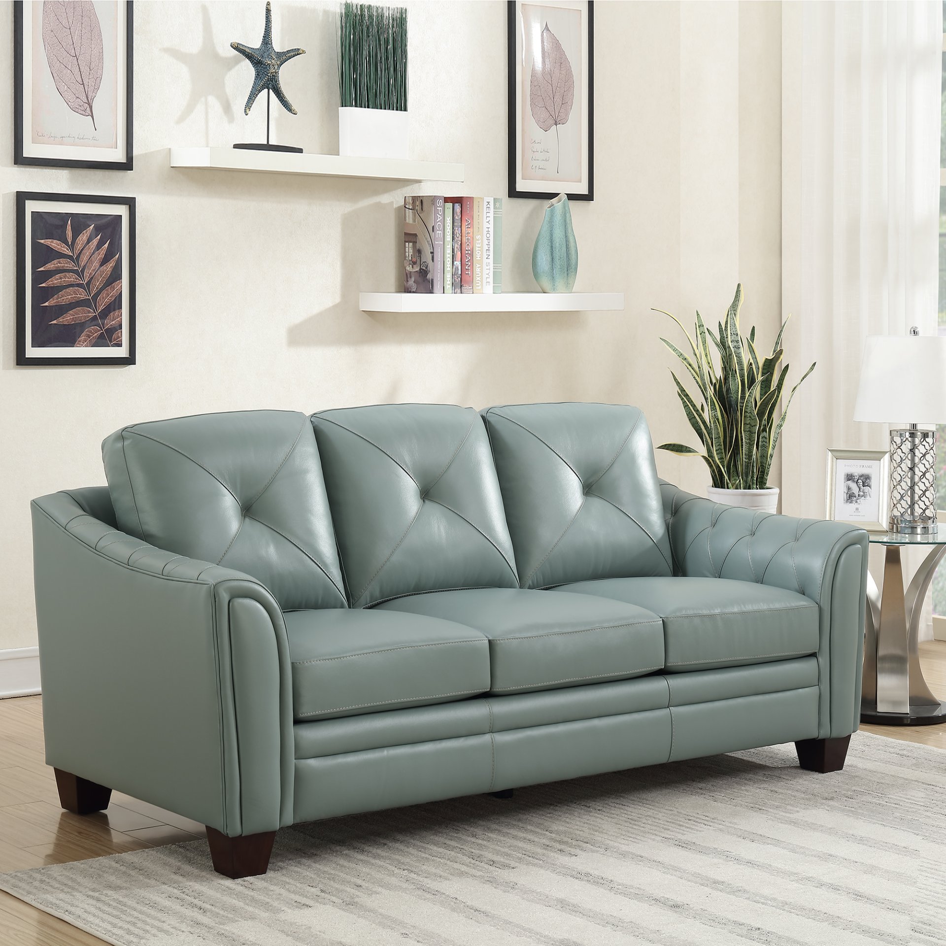 Modern Tufted Leather Sofa - Seafoam - Image 2