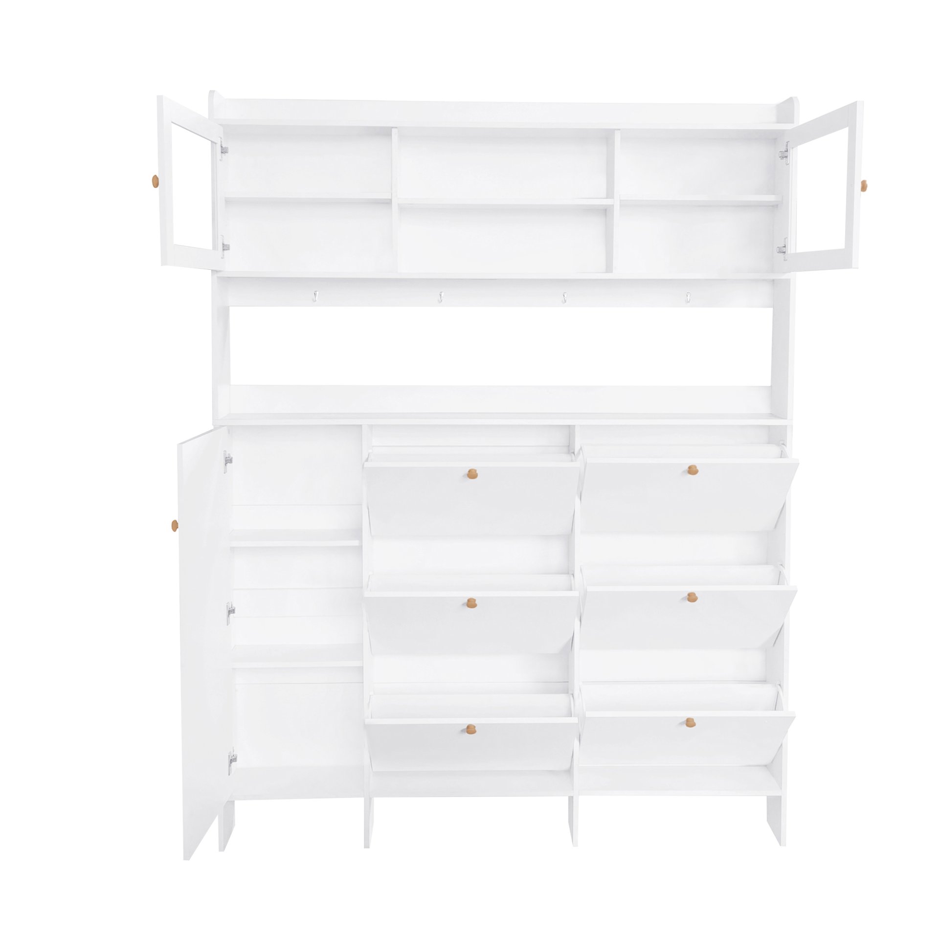 Multifunctional Tipping Bucket Shoe Cabinet With Storage Shelf & 6 Flip Drawers, Large Hall Tree With Tempered Glass Doors, Foyer Cabinet With 4 Hooks For Hallway - White - Image 12