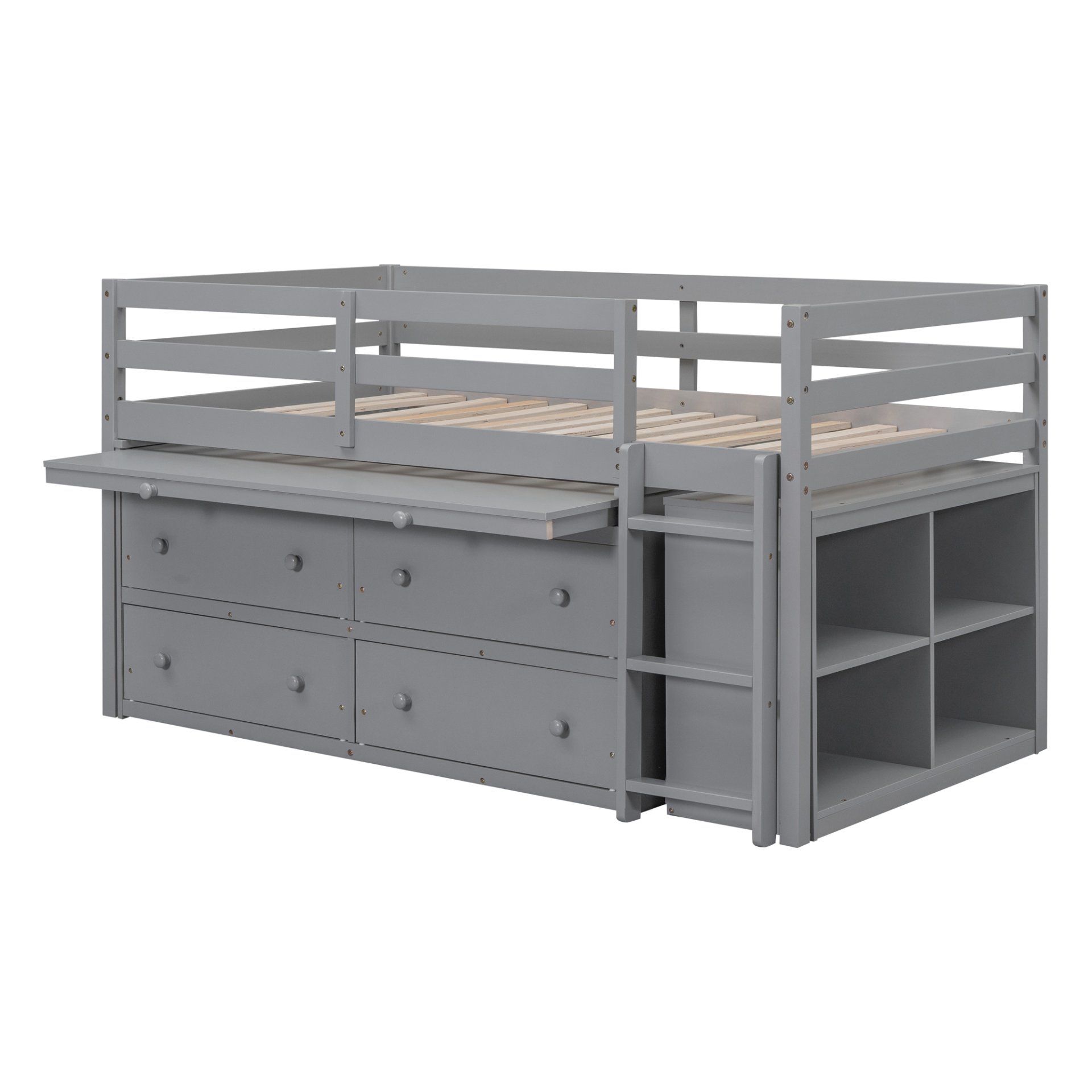 Twin Size Loft Bed With Retractable Writing Desk And 4 Drawers, With Lateral Portable Desk And Shelves - Gray - Image 11