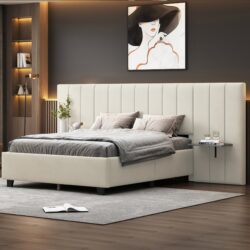 Full Size Upholstered Platform Bed With Big Headboard - Beige