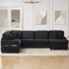 Upholstered U Shaped Sectional Sofa With Movable Ottoman And Side Storage Pockets - Black - Image 5