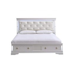 Verona - King Bed With Jeweled Tufted Upholstered Headboard And LED Accent Lighting - White