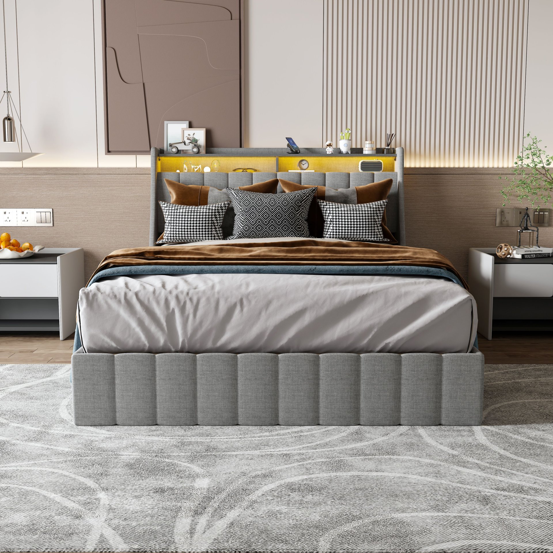 Queen Size Bed Frame With LED Lighting, Winged Headboard With Storage Drawers - Light Gray - Image 2