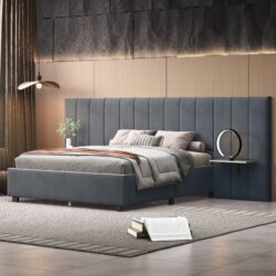 Queen Size Upholstered Platform Bed With Big Headboard - Gray