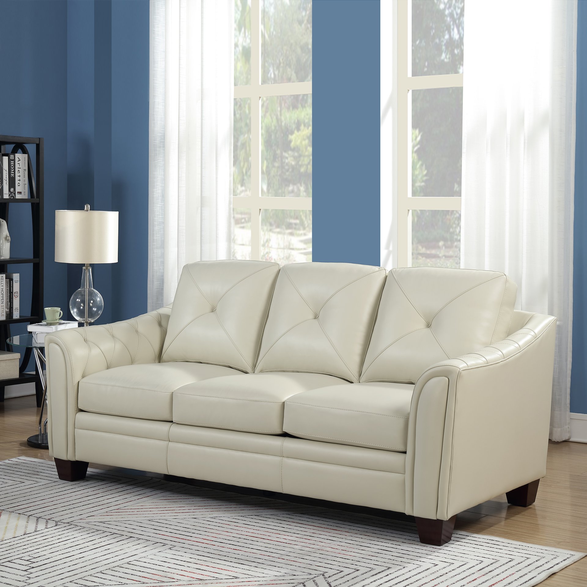 Modern Tufted Leather Sofa - Ivory - Image 2
